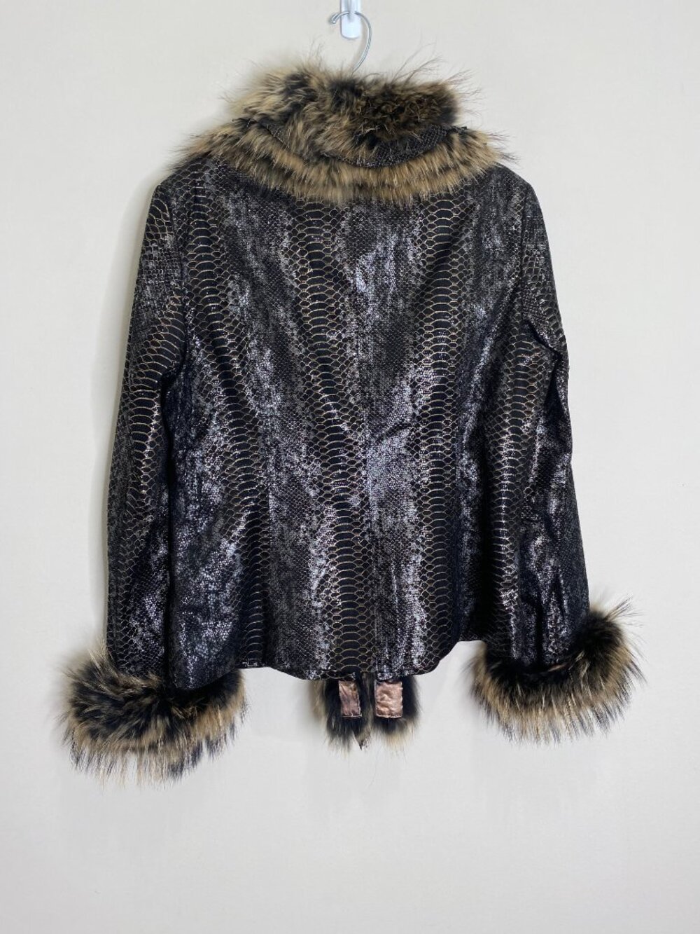 Paolo Santini Vintage Suede Leather Jacket Ruffle Fur Metallic Snake Print 14 - Picture 2 of 11